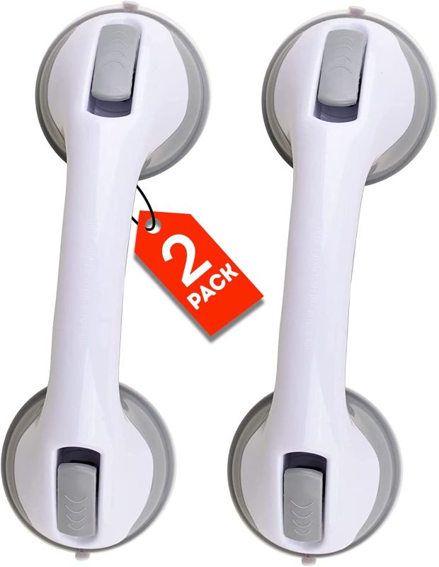 Photo 1 of (2 Pack) Shower Handle 12 inch Grab Bars for Bathtubs and Showers Suction Bar Handles Handicap Elderly Seniors Safety Bathroom Bath Grip - Balance Assist ONLY for Tiles Glass & Hard Plastic
