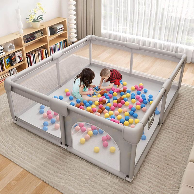 Photo 1 of Baby Playpen 47 in x 47 in,Baby Fence with Breathable Net and Zipper Door,Kids Indoor Outdoor Safety Activity Center Playpen,Grey 
