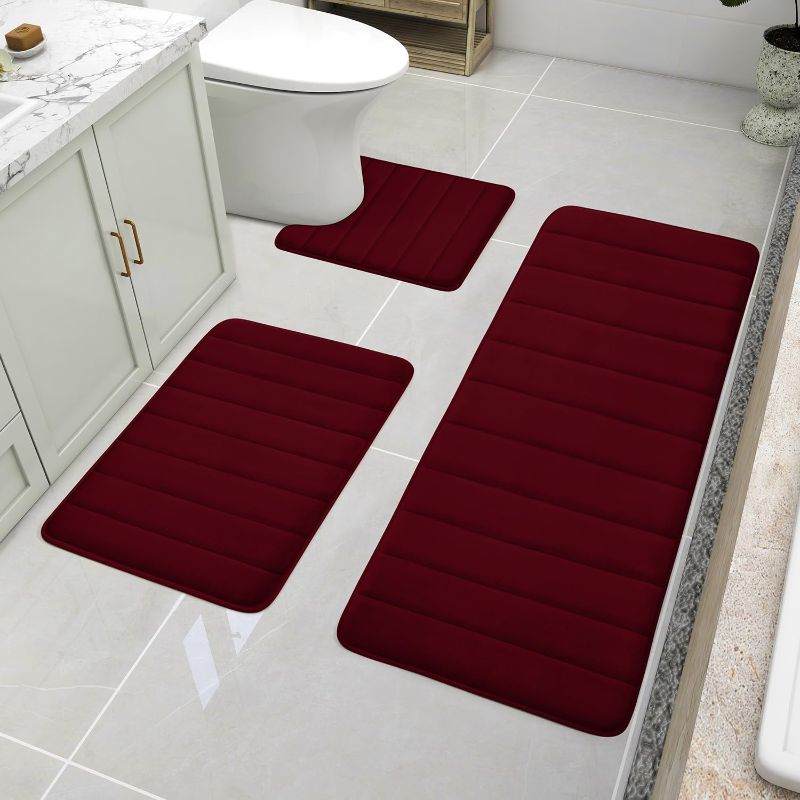 Photo 1 of Burgundy Memory Foam Bathroom Rug Set 3 Piece, Non Slip Extra Soft Absorbent Bath Mats, Machine Washable & Dry Toilet Mat Sets