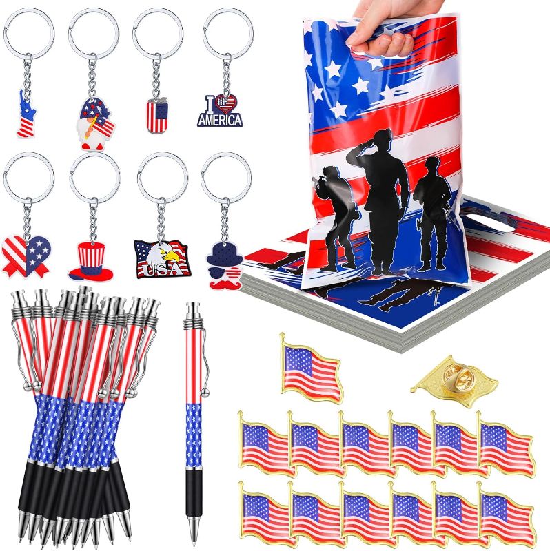 Photo 1 of 200 Pcs/ 50 Set Patriotic Gift Bulk Accessories Include 50 American Flag Gift Bag 50 Patriotic Keychain 50 Independence Day Pen 50 US Flag Brooches for Patriotic Party Supplies
