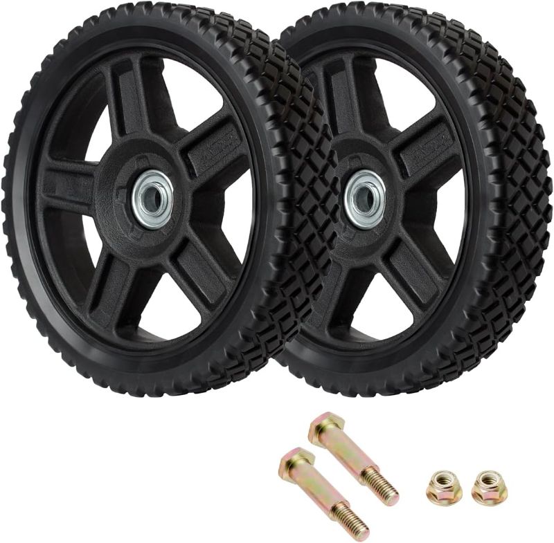 Photo 1 of 8 Inch Lawn Mower Wheels Wheel kits with Bolts & Nuts - Set of 2 Push Mower Plastic Wheels Fits Craftsman Mower Generator Garden Tiller Most Standard Lawn Mowers (8×1.75'')
