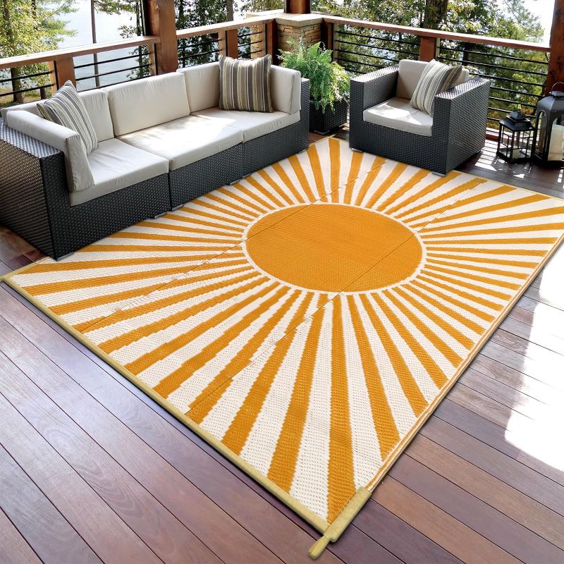 Photo 1 of Anidaroel Outdoor Area Rug for Patio Clearance 8x10ft Waterproof, Reversible Plastic Straw Rug Outside Rug, Stain & UV Resistant RV Mat for Camping, Porch, Balcony, Pool Deck, Yellow