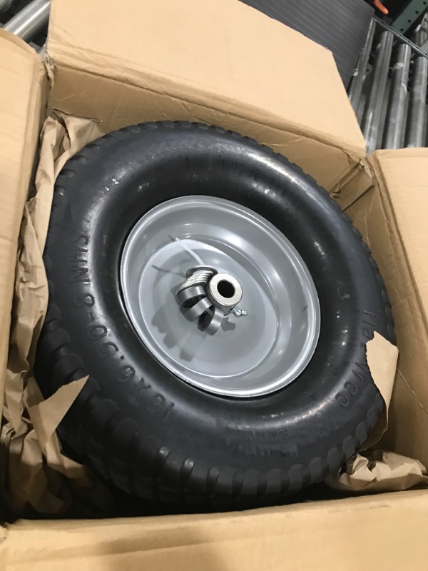 Photo 2 of (2-Pack) 16x6.50-8 Tire and Wheel Flat Free - Solid Rubber Riding Lawn Mower Tires and Wheels - With 3" Offset Hub and 3/4" Bushings - 16x6.5-8 Tractor Turf Tire Turf-Friendly 3mm Treads 16x6.50-8 Flat-Free (Offset Hub) Silver