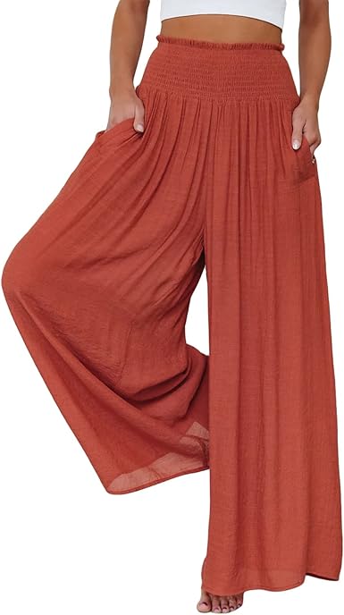 Photo 1 of ANRABESS Women Linen Palazzo Pants Summer Boho Wide Leg High Waist Casual Lounge Pant 2024 Beach Travel Vacation Outfits Medium Red 