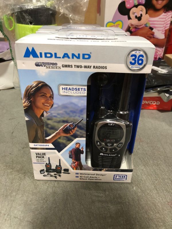 Photo 1 of Midland GXT1000VP4 - 50 Channel GMRS Two-Way Radio - Long Range Walkie Talkie with 142 Privacy Codes, SOS Siren, and NOAA Weather Alerts and Weather Scan (Black/Silver, Pair Pack) Pair Pack - Black/Silver