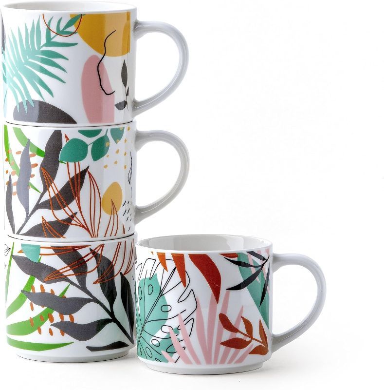 Photo 1 of 18OZ stackable coffee mugs set of 4, new bone china coffee mugs, coffee cup sets of 4, coffee mugs set, coffee cup set, coffee cups, mugs, tea mugs, tea cups (Tropical Vibes)
