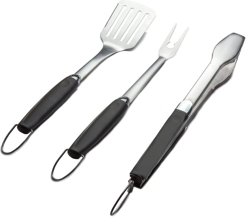 Photo 1 of  3 Piece Stainless Steel BBQ Grill Tool Set w/Tongs, Spatula & Fork - Accessories for Outdoor Barbecue Grills (3 Piece Set) 