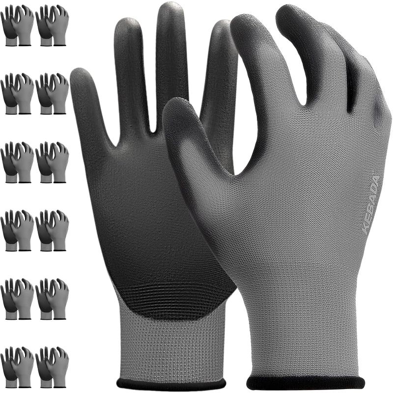 Photo 1 of  W1 Work Gloves for Men and Women, Working Gloves with Grip,12 Pairs Thin Mechanic Gloves,PU Coating on Palm & Fingers,Breathable Mens Gardening Gloves,Gray Large 