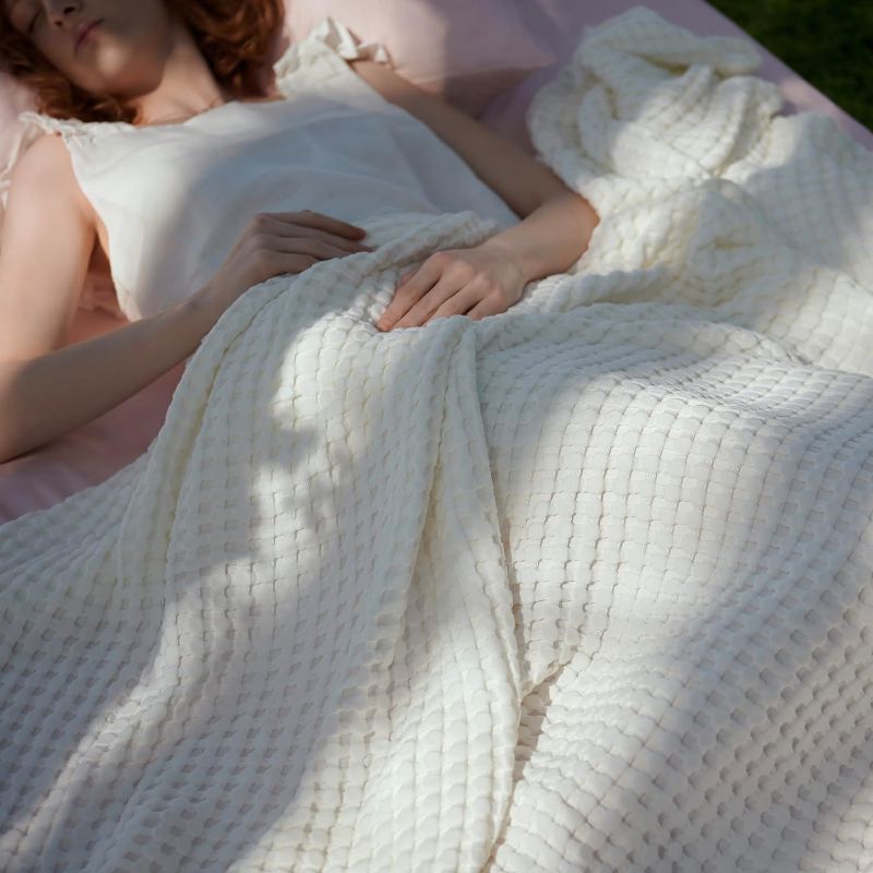 Photo 1 of  Bedsure Cooling Cotton Waffle King Size Blanket - Lightweight Breathable Summer Blanket of Rayon Derived from Bamboo for Hot Sleepers, Luxury Throws for Bed, Couch and Sofa, Ivory, 104x90 Inches 