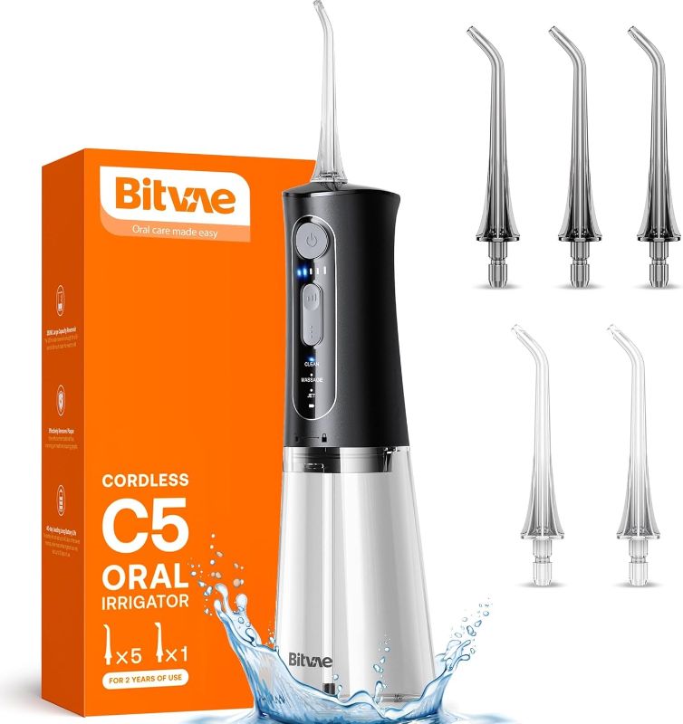 Photo 1 of  Bitvae C5 Water Dental Flosser for Teeth, Cordless Water Teeth Cleaner Picks, 3 Modes 5 Intensities, IPX7 Waterproof Water Flosser, 5 Tips Rechargeable Water Dental Picks for Cleaning - Black 