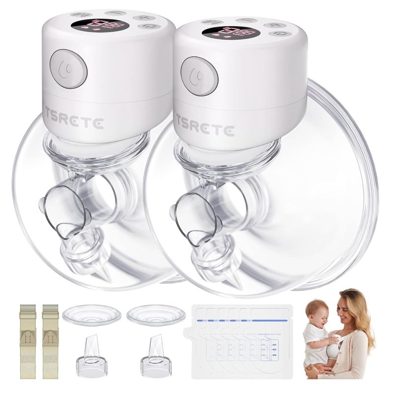 Photo 1 of  TSRETE Breast Pump, Double Wearable Breast Pump, Electric Hands-Free Breast Pumps with 2 Modes, 9 Levels, LCD Display, Memory Function Rechargeable Double Milk Extractor-24mm Flange, White 