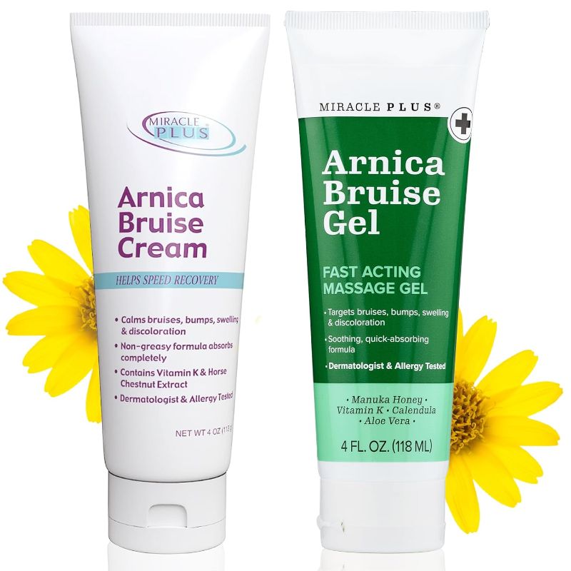 Photo 1 of  Miracle Plus Arnica Cream Bruise Relief Lotion + Arnica Bruise Gel For Bruising And Swelling On Skin | Bruise Cream Extra Strength Vitamin K Cream | Moisturizing Bruise Formula Skin Care Gel, 2pc Set 