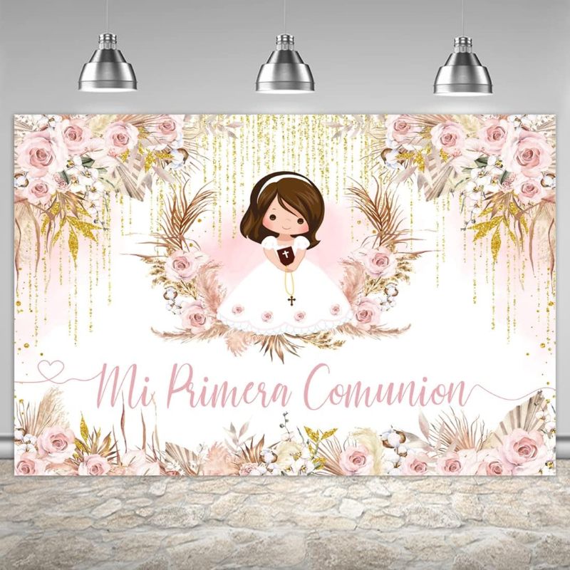 Photo 1 of  6x4ft Mi Primera Comunion Backdrop Boho Pink Flower for Girl Background Mi Bautizo Baptism First Holy Communion Photography Christening Chalice Doves Gilding Party Decoration Banner Supplies 