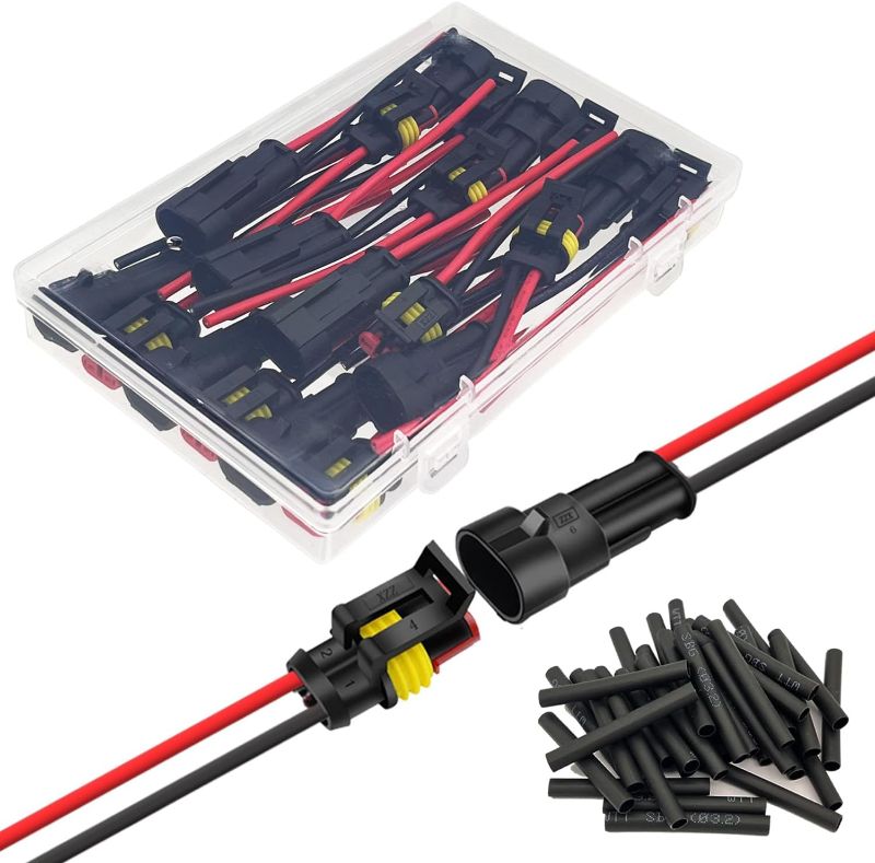 Photo 1 of  10 Kit 16 AWG 2 Pin Connector Car Waterproof Wire Connectors 2 Pin Automotive Electrical Connectors Quick Disconnect 2 Way Wire Terminal Connector Plug and Heat Shrink Tubing Kit 