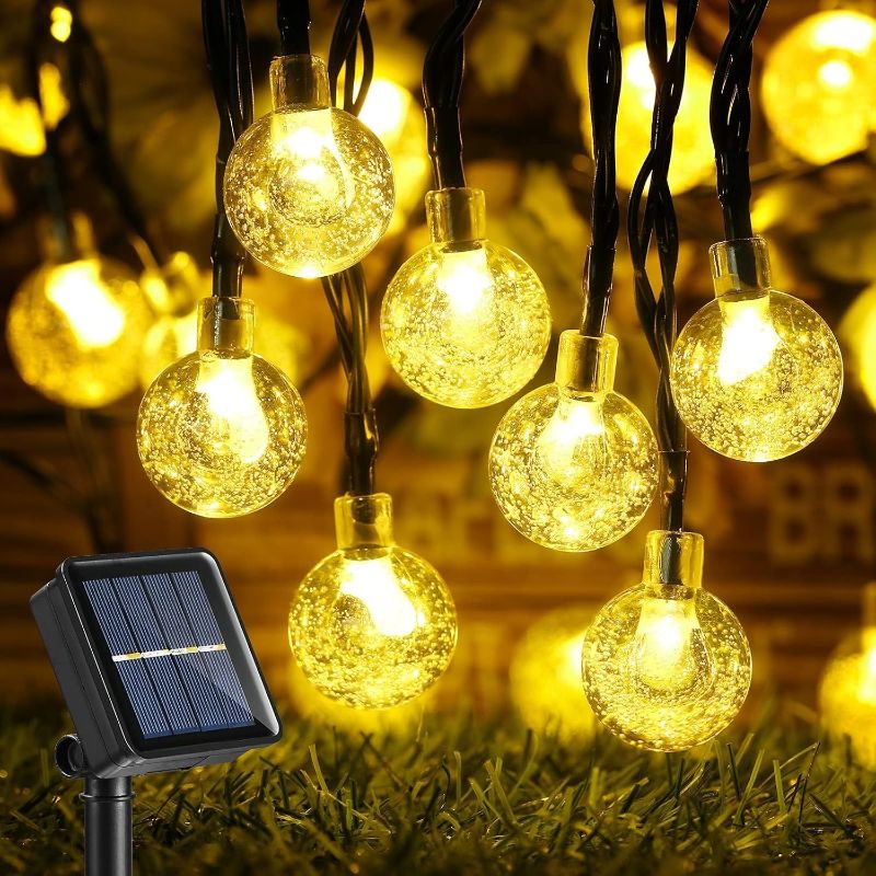 Photo 1 of  Joomer Outdoor Solar String Lights 45.5Ft 60 LED Solar Powered String Lights Waterproof,8 Modes Crystal Ball Lights Solar Fairy Patio Lights for Garden, Lawn, Porch, Gazebo, Bistro(Warm White) 