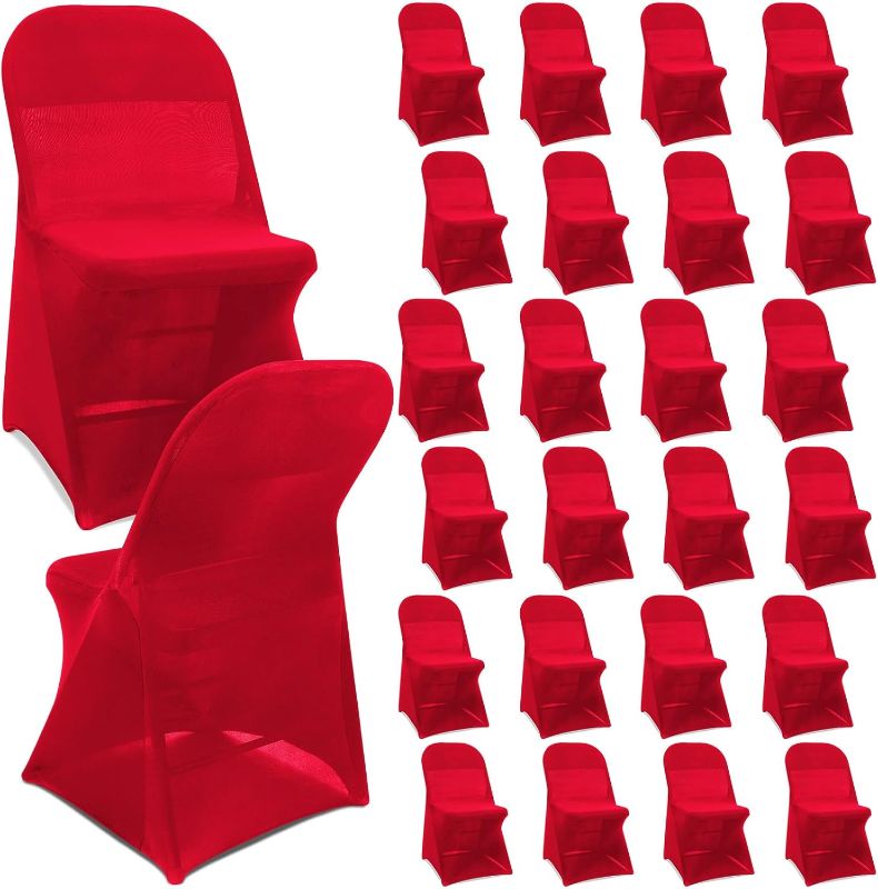 Photo 1 of  25 Pcs Spandex Stretch Folding Chair Covers Fitted Universal Chair Protector Removable Washable for Wedding Party Dining Banquet Event (Red) 