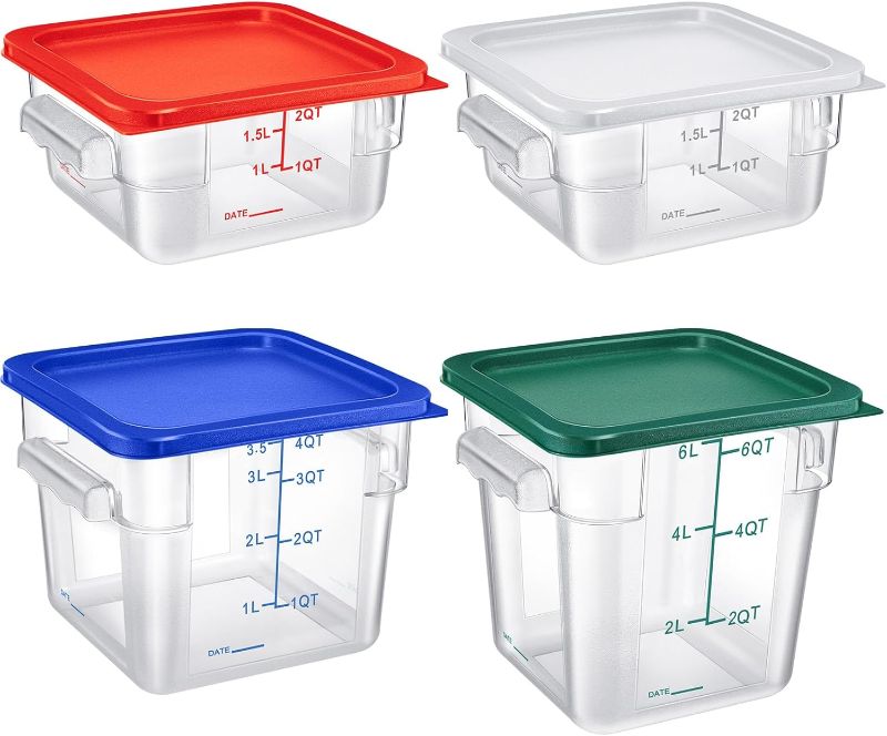 Photo 1 of  4 Pcs Commercial Food Storage Container with Lid Clear Square Container Set with Scale and Handle for Home Kitchen Restaurant Prep Proof Dough Marinating (Colorful,2 Qt, 4 Qt, 6 Qt) 