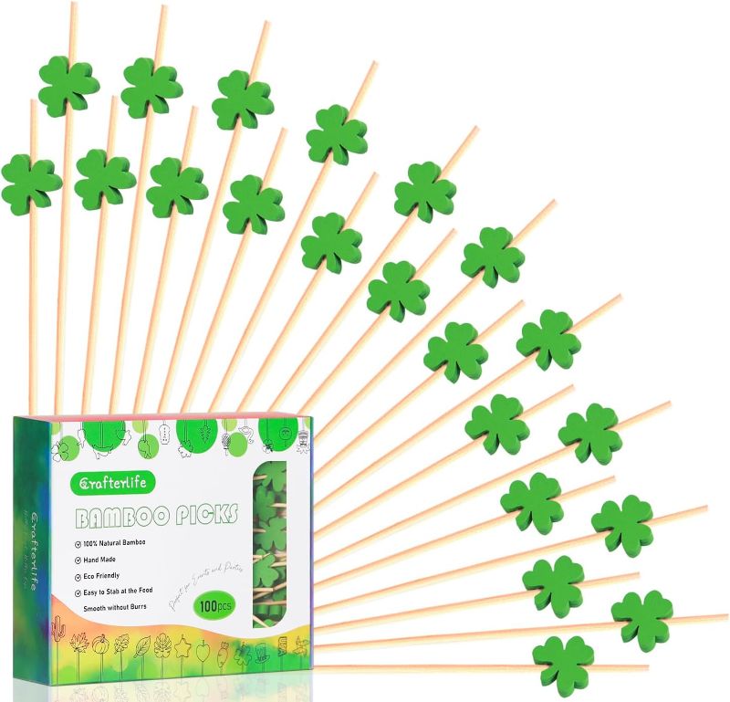 Photo 1 of 100pcs Shamrock Cocktail Picks 4.7" Fruit Sticks Food Toothpicks Sandwich Charcuterie Appetizer Skewers, Handmade of Bamboo Wood, for Irish St. Patrick's Day Decoration Party Supplies (3 Leaf Clover)
