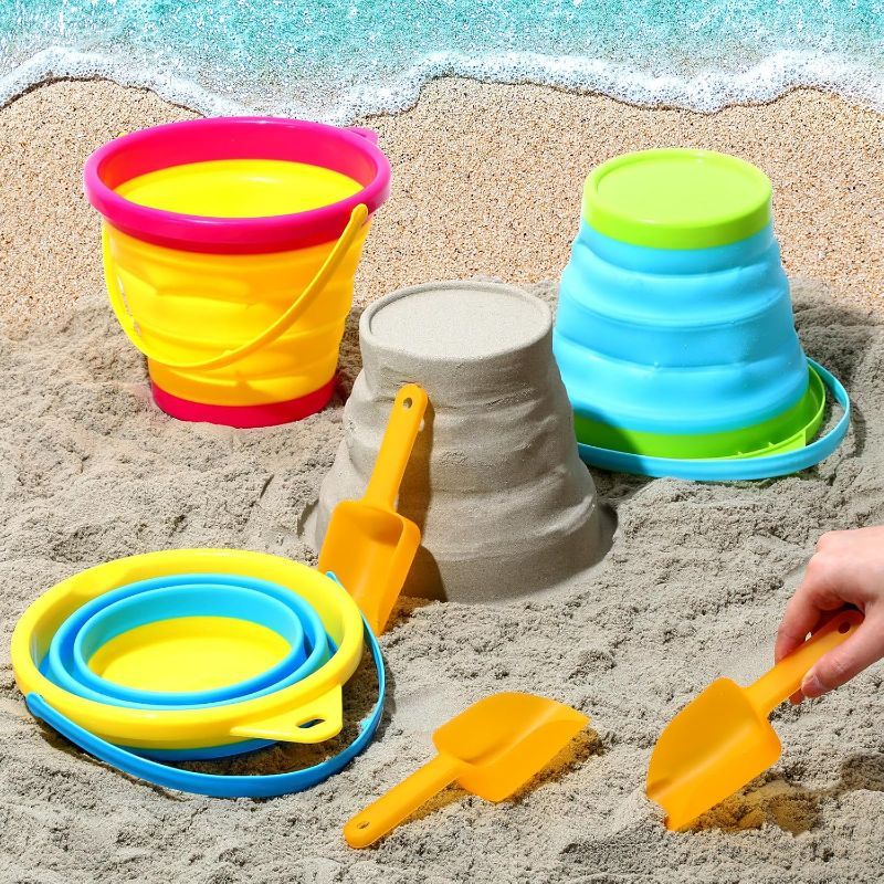 Photo 1 of 3 Pcs Summer Foldable Pail Bucket with Shovels 2.5 L Collapsible Sand Bucket Foldable Beach Toys Multipurpose Colorful Beach Bucket for Beach Party Outdoor Activity (Multicolor)