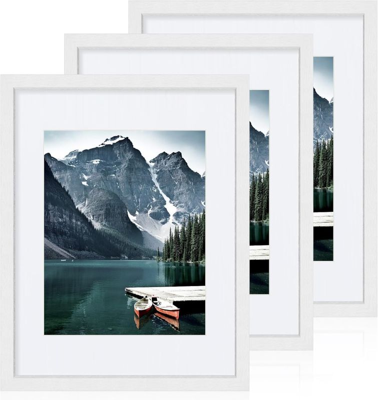 Photo 1 of 11x14 Picture Frames set of 3, Made of Wooden and White Photo frame - Displays 8x10 Picture with Mat or 11 x 14 Poster without Mat, Wall Collage Frame set
