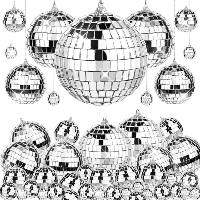 Photo 1 of 66 PCS Mirror Disco Ball for Party, 3.94/3.15/2.36/2/1.18 Inches Silver Hanging Disco Ball Reflective Glass Disco Ball for Christmas Tree Ornament Holiday Party Home Decorations