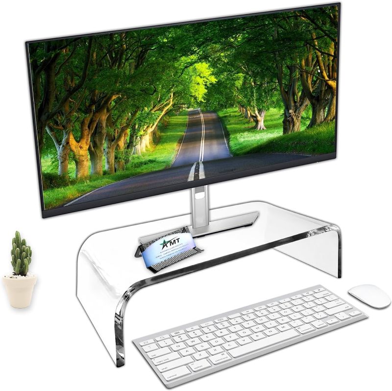 Photo 1 of  Acrylic Laptop Monitor Stand & Computer Riser with Cat Keyboard Protector, Space-Saving Design, Extra Storage, Clear Shelf - Ideal for Monitors, Laptops, Printers, Desktop Decor