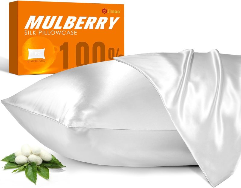 Photo 1 of 100% Mulberry Silk Pillowcase for Hair and Skin, 22 Momme Natural Silk Pillow Case with Zipper, Both Sided Pure Silk Pillow Cover for Women Mom Men (White, Standard 20''×26'')