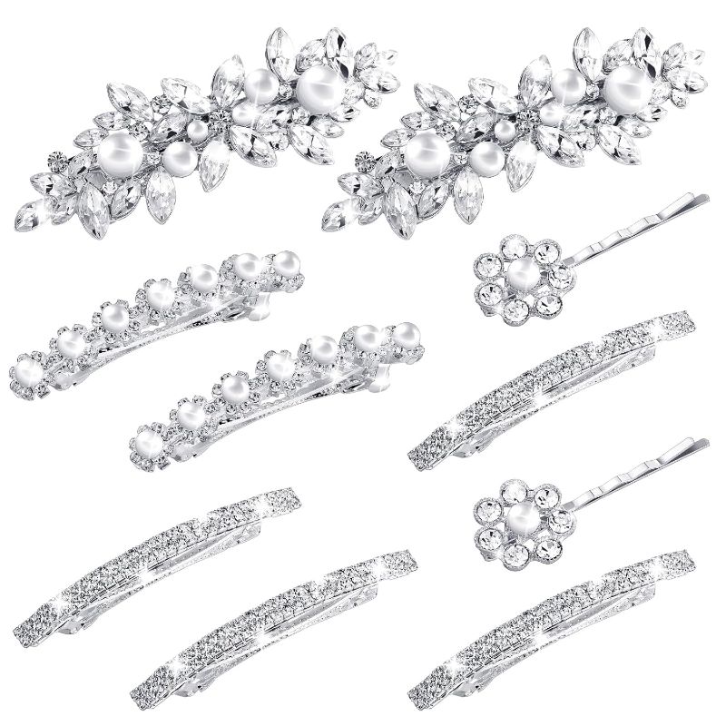 Photo 1 of 10 Pieces Rhinestone Wedding Hair Clips Bridal Hair Pins Crystal Bobby Pins Silver Hairpin Barrette Leaf Flower Wedding Elegant Hair Accessories for Bride Women and Girls (Flower Style)