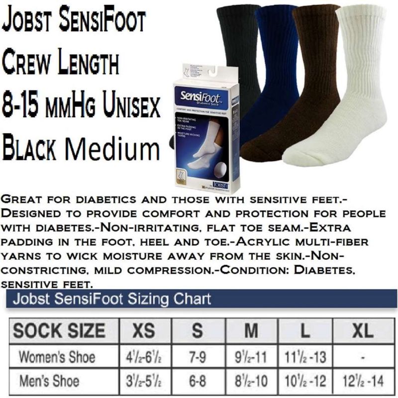 Photo 1 of  SensiFoot 8-15 mmHg Unisex Crew Length Diabetic Mild Support Socks - Size & Color- Black, Medium by Jobst