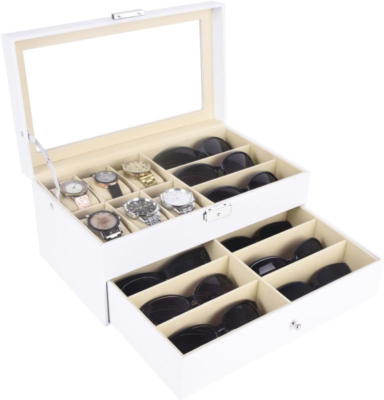 Photo 1 of  Leather 6 Watch Box Jewelry Case and 9 Piece Eyeglasses Storage and Sunglass Glasses Display Drawer Lockable Case Organizer,White,AW-131

