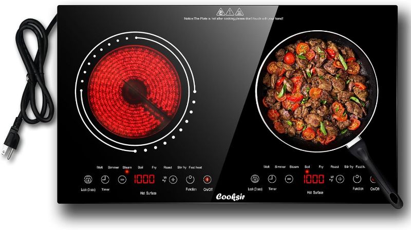 Photo 1 of 2 Burner Electric Cooktop - 24 Inch Built-in & Countertop Electric Stove Top, 110V-120V Double Burner Ceramic Cooktop Portable with Safety Lock, Timer, Sensor Touch Control, 110V Plug in
