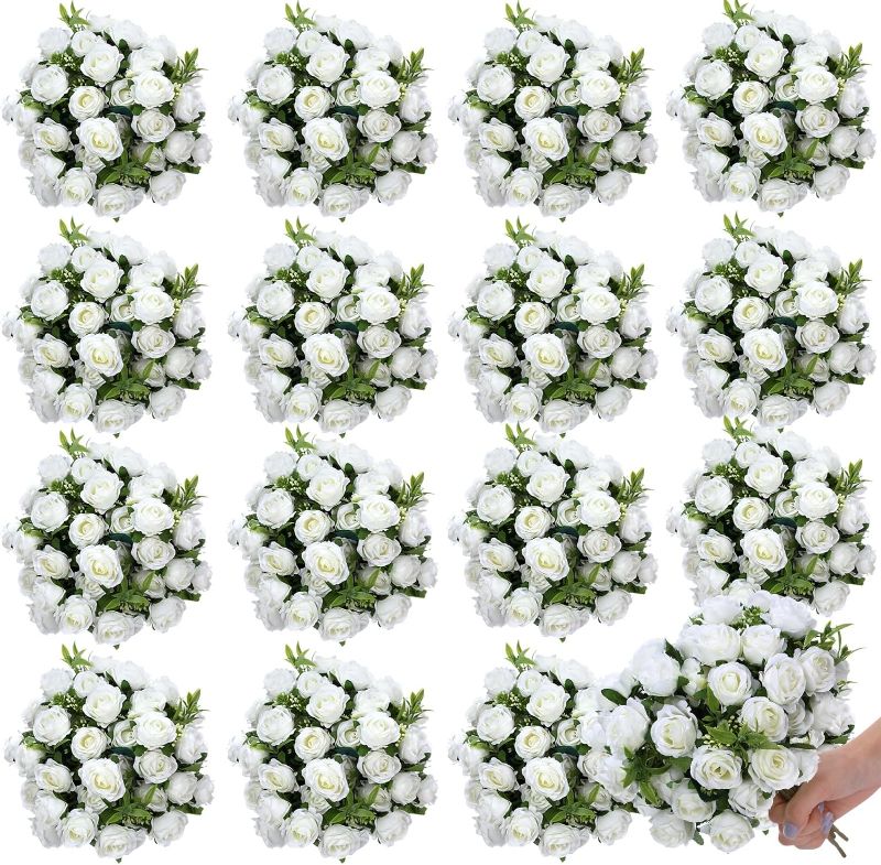 Photo 1 of 16 Bunches 12 in Artificial Mini Rose Bouquet 160 Heads Bridal Flower Bouquets Silk Roses Fake Roses Bulk for Home Office Garden Parties Wedding Mother's Day Decoration(White)
