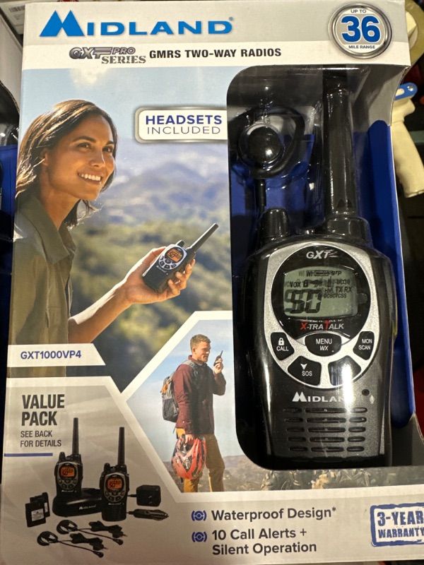 Photo 1 of Midland GXT1000VP4 - 50 Channel GMRS Two-Way Radio - Long Range Walkie Talkie with 142 Privacy Codes, SOS Siren, and NOAA Weather Alerts and Weather Scan (Black/Silver, Pair Pack) Pair Pack - Black/Silver