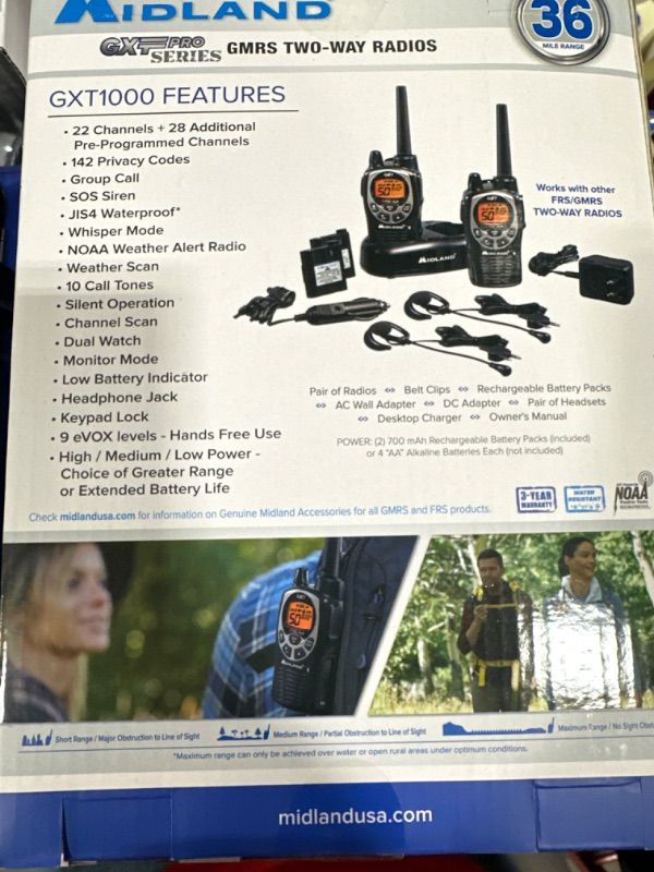 Photo 1 of Midland GXT1000VP4 - 50 Channel GMRS Two-Way Radio - Long Range Walkie Talkie with 142 Privacy Codes, SOS Siren, and NOAA Weather Alerts and Weather Scan (Black/Silver, Pair Pack) Pair Pack - Black/Silver