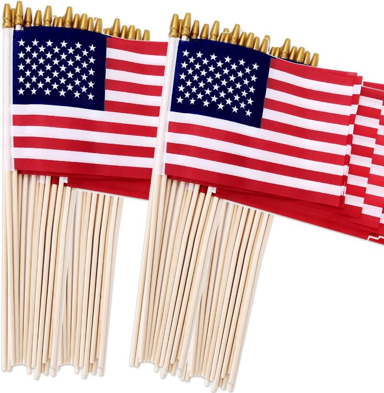 Photo 1 of 100 Pack Small American Flags on Stick, 4x6 Inch Small US Flags/American Flags for Outside, Mini Hand Held Stick Flags with Kid-Safe Spear Top
