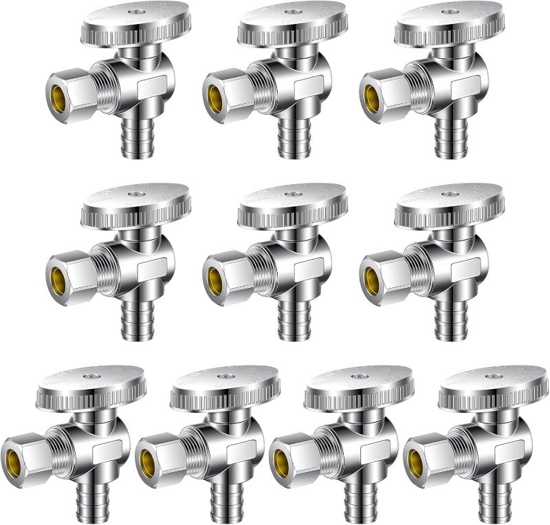 Photo 1 of 10 Pcs Pex Valves 1/4 Turn Angle Stop Valve 3/8" OD Compression X 1/2" Pex Heavy Duty Chrome Plated Brass Water Shut Off Valve with Metal Handle
