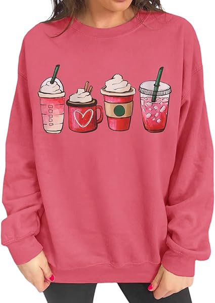 Photo 1 of  XL KEKEMI Valentine's Day Coffe Sweatshirt Women Long Sleeve Coffee Heart Graphic Crewneck Sweater Shirts Oversized Pullover Top

