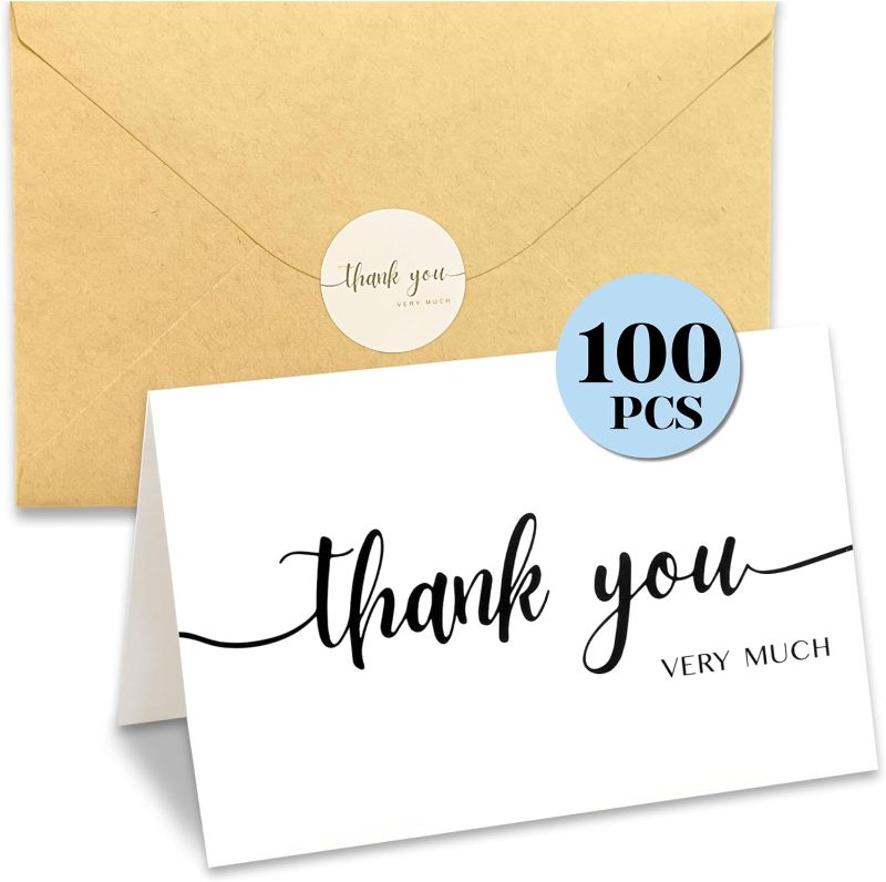 Photo 1 of 100Pack Thank You Cards with Envelopes, Blank 4x6 Inch Thank You Card with Stickers, Premium Thank You Notes, Expressive Gratitude for Weddings, Baby Showers, and Small Business 100Pack