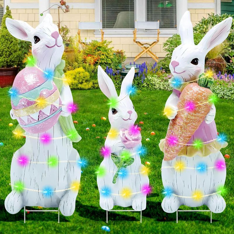 Photo 1 of 3 PCS Large Easter Decorations Outdoor Easter Yard Signs Easter Yard Decorations Outdoor with Metal Stakes Bunny Decorations Easter Outdoor Garden Sign Waterproof Lawn Signs for Pathway Walkway 