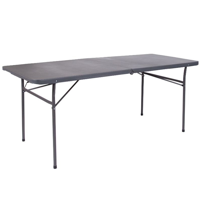 Photo 1 of Bi-Fold Dark Gray Plastic Folding Table with Carrying Handle, 30 X 72 in.