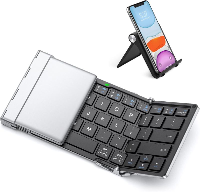 Photo 1 of  Foldable Bluetooth Keyboard, BK03 Folding Travel Keyboard, Metal Build, USB-C Charge, Portable Keyboard with Stand Holder for Laptop, iPad, iPhone, Smartphone and Tablet, 