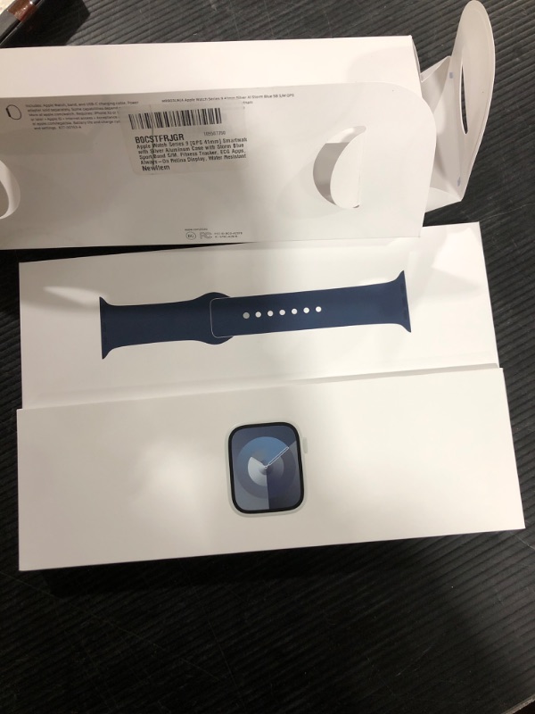 Photo 2 of Apple Watch Series 9 [GPS 41mm] Smartwatch with Silver Aluminum Case with Storm Blue Sport Band S/M. Fitness Tracker, ECG Apps, Always-On Retina Display, Water Resistant Silver Aluminum Case with Storm Blue Sport Band 41mm Case S/M - fits 130–180mm wrists