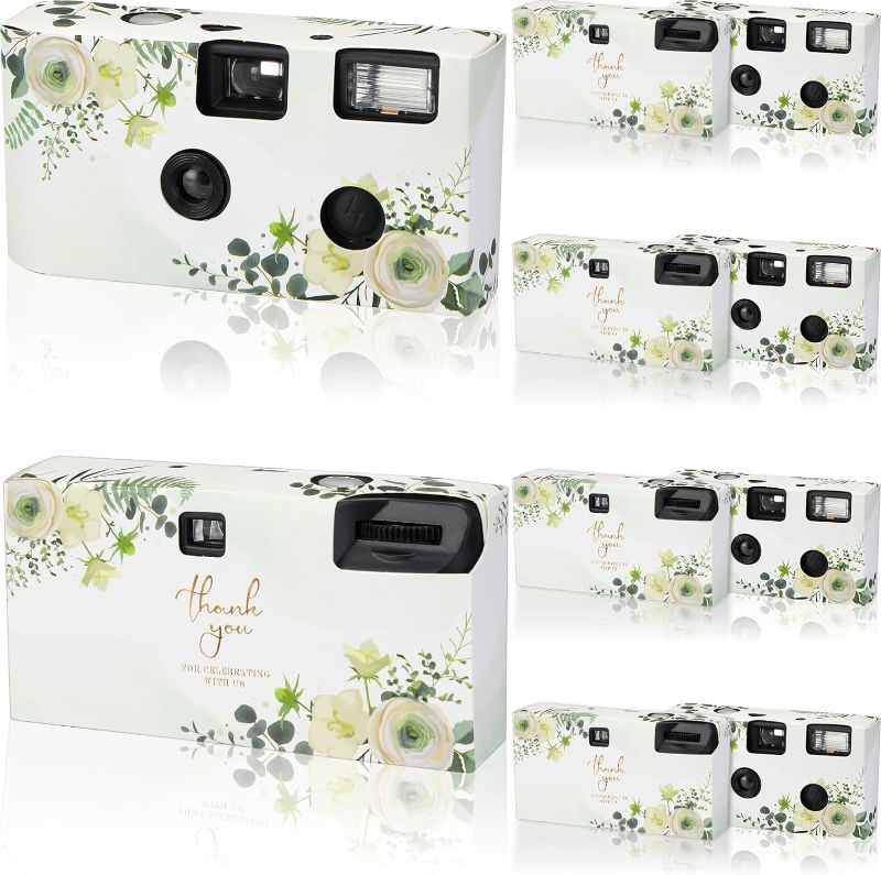 Photo 1 of 10 Pack Disposable Camera for Wedding Floral 34mm Single Use Film Camera with Flash One Time Use Camera for Anniversary Concert Travel Camp Party Supply Gift Honeymoon, Eucalyptus White Rose

