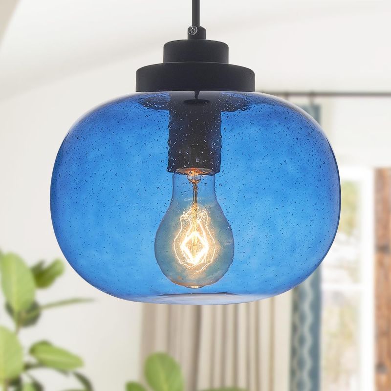 Photo 1 of Seeded Glass 7'' Pendant Light Modern Hanging Lighting Over Island/Table Industrial Hand Blown Glass Pendant Light Fixture for Kitchen Dining Room Over Sink 1-Light Blue
