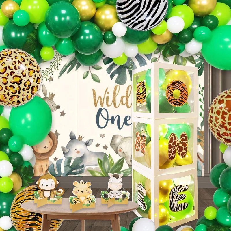 Photo 1 of 160pcs Wild One Birthday Decorations Boy Balloon Boxes Jungle Party Supplies for Girls First Birthday Include LED Light Strings?Balloons Garland Arch, Balloons Boxes

