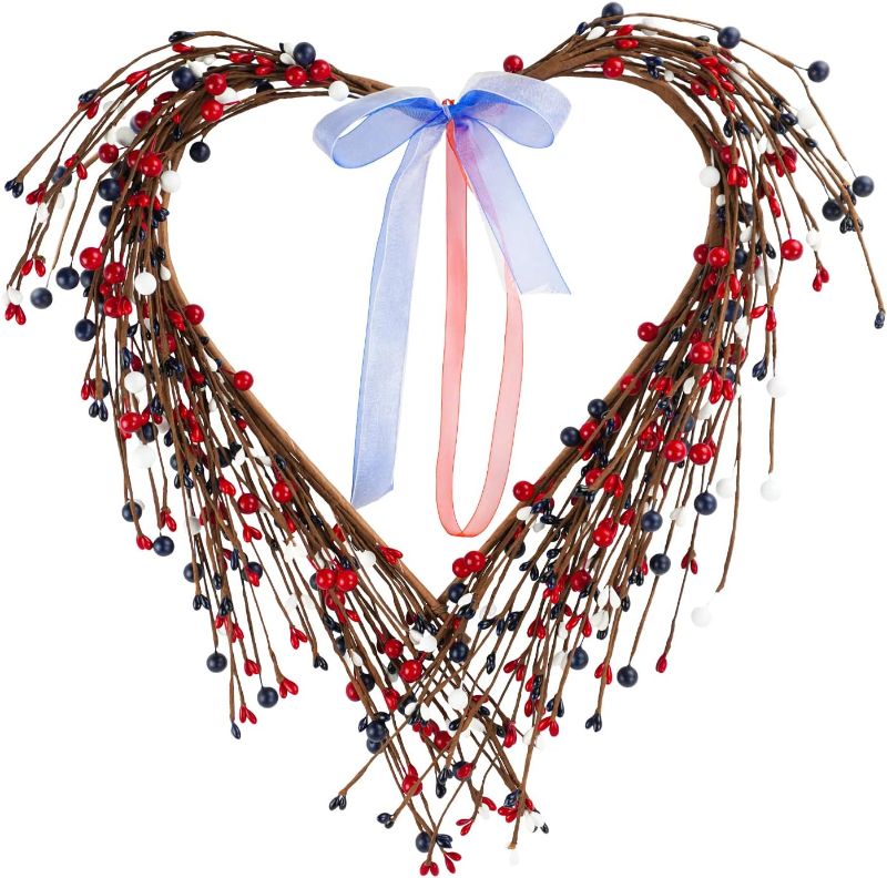 Photo 1 of 16'' 4th of July Wreath for Front Door, Heart-Shaped Patriotic Wreath with Red White Blue Berry and Grapevine Base, Americana Door Wreath for Memorial Day Veterans Day Independence Day Decor
