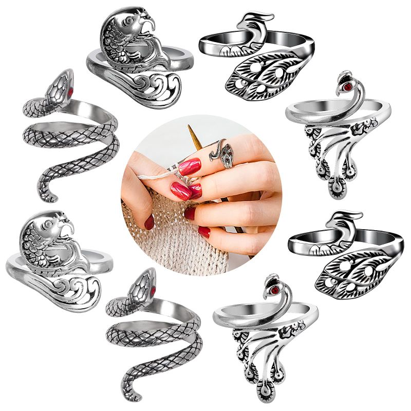 Photo 1 of 2 PACK - WLLHYF 8Pcs Crochet Ring, Adjustable Knitting Loop Crochet Ring for Finger Yarn Peacock/Snake-Shaped Metal Open Yarn Guide Finger Holders Knitting Thimbles Accessories Crafts (8PCS)