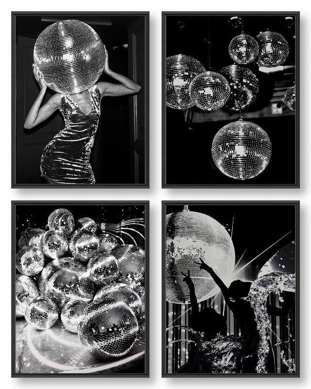 Photo 1 of 2 PACK - GIFTSFARM Disco Ball Decor, Funky Black White Disco Party Decorations for Wall Aesthetic, Retro Preppy Room Decor Wall Art, Trendy Funny Gift for Girls Bedroom Bathroom (Set of 4, Unframed)