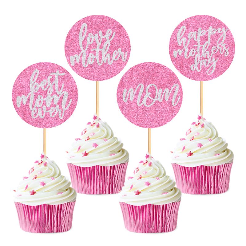 Photo 1 of 2 PACK - 24 pcs Mother's Day Cupcake Topper Best Mom Birthday Party Cake Decorations Glitter Toppers Picks for Mother's Birthday Party 24pcs (Round Pink)