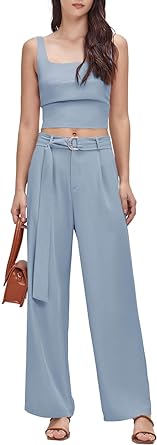 Photo 1 of Women's Summer 2 Piece Outfits Square Neck Crop Tank Tops Wide Leg Pants Lounge Sets with Belt & Pockets - Medium
